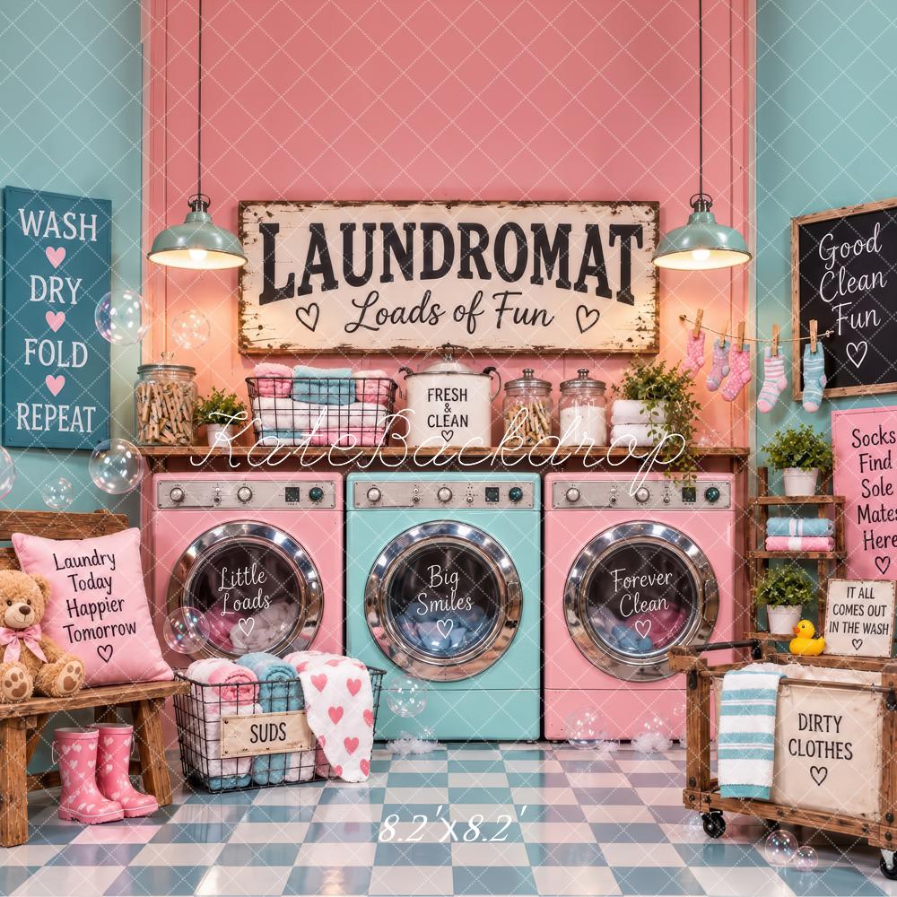 Kate Retro Pink Laundromat Washing Machines Printed Backdrop Designed by Laura Bybee