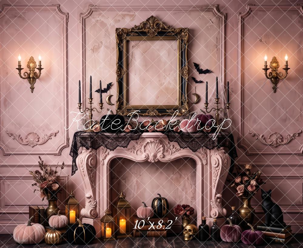 Kate Halloween Pink Gothic Fireplace Vintage Mantel Framed Printed Backdrop Designed by Patty Roberts