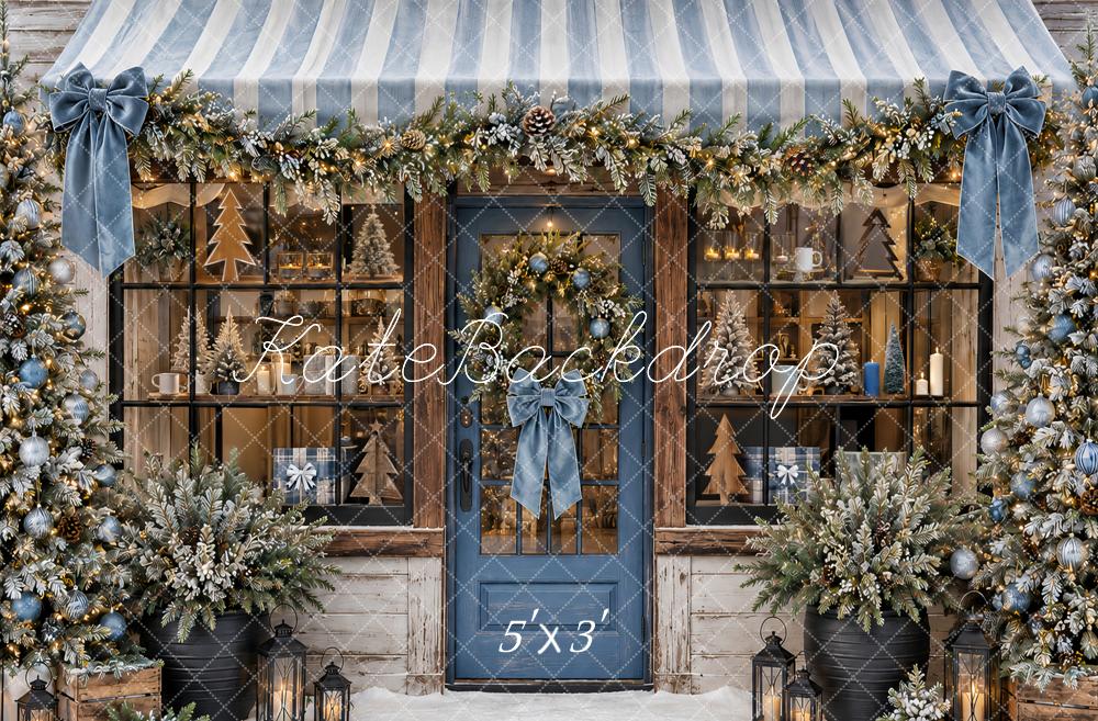 Kate Christmas Blue Storefront Garland Awning Snowy Printed Backdrop Designed by Ashley Paul