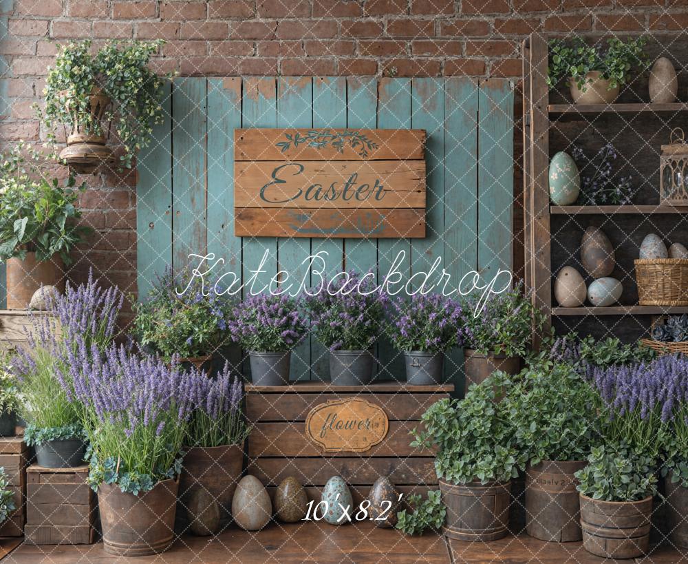Kate Easter Rustic Eggs Lavender Flowers Wood Shelves Backdrop Designed by Emetselch