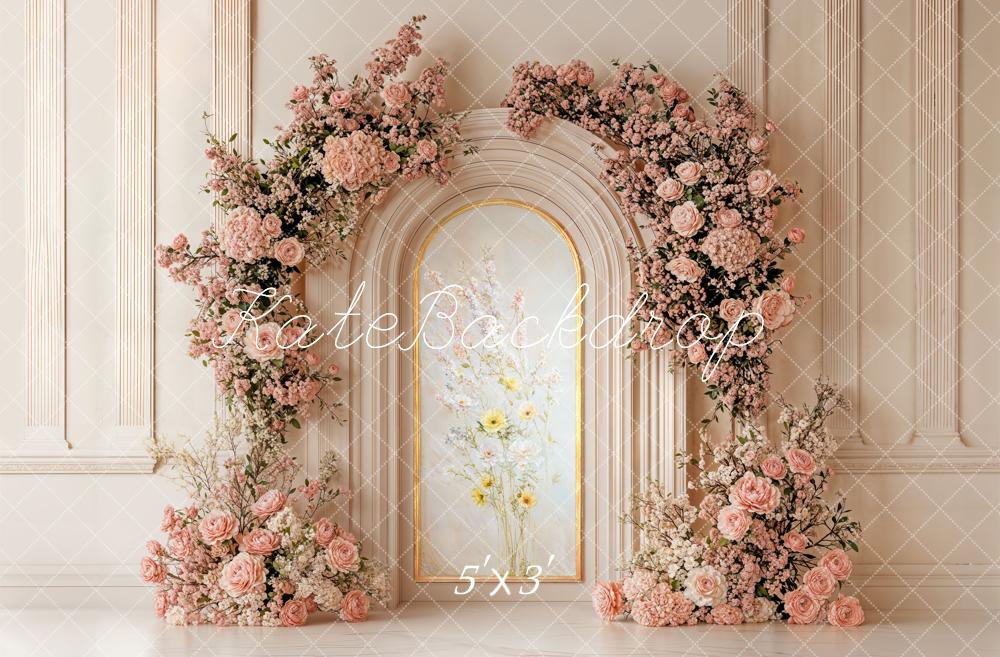 Kate Spring Flower Arch Pink Roses Gold Arch Backdrop Designed by Chain Photography