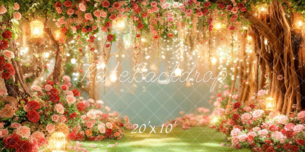 Kate Valentines Romantic Flower Arch Trees Fairy Lights Printed Backdrop Designed by Emetselch