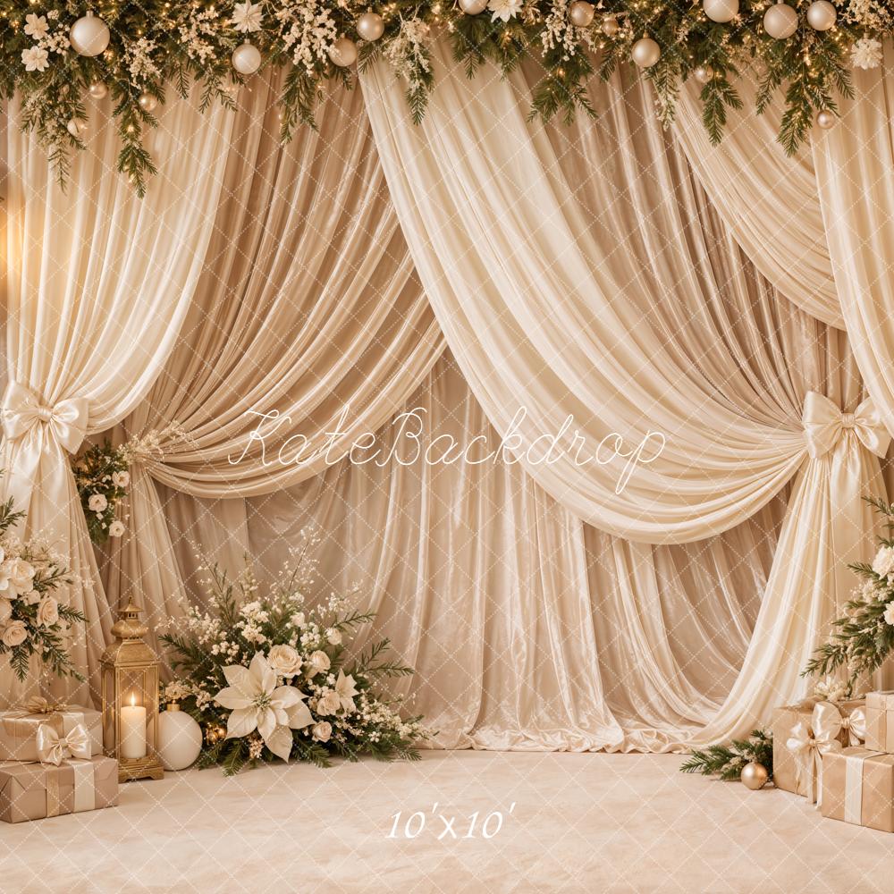 Kate Christmas Cream Drapes Garland Lanterns Presents Flowers Printed Backdrop Designed by Emetselch