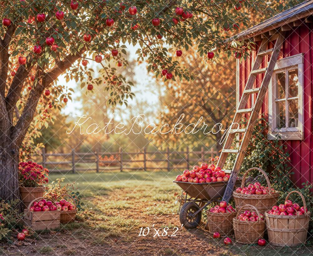 Kate Fall Apple Orchard Tree Red Barn Ladder Baskets Printed Backdrop Designed by Emetselch