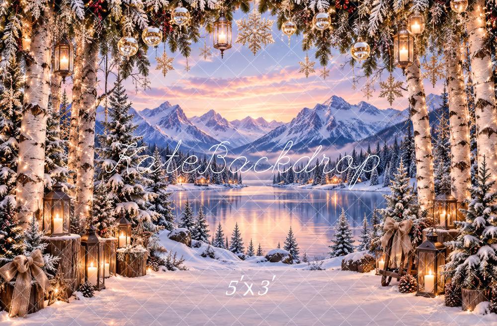 Kate Christmas Snowy Trees Mountain Lake Lanterns Printed Backdrop Designed by Laura Bybee