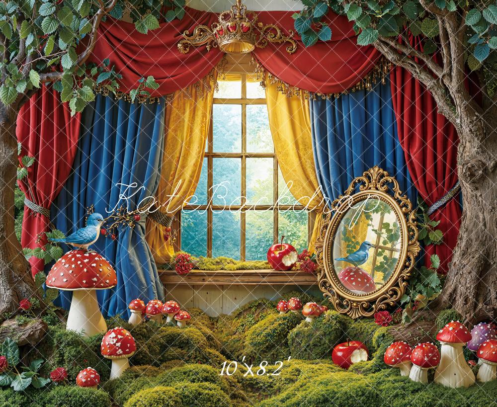 Kate Fairy Fantasy Forest Red Blue Yellow Curtains Mushroom Window Mirror Backdrop Designed by Emetselch