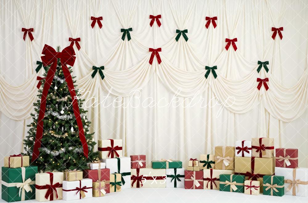 Kate Christmas Tree Elegant Ribbon Wall Gift Boxes Red Green Bows Printed Backdrop Designed by Patty Roberts