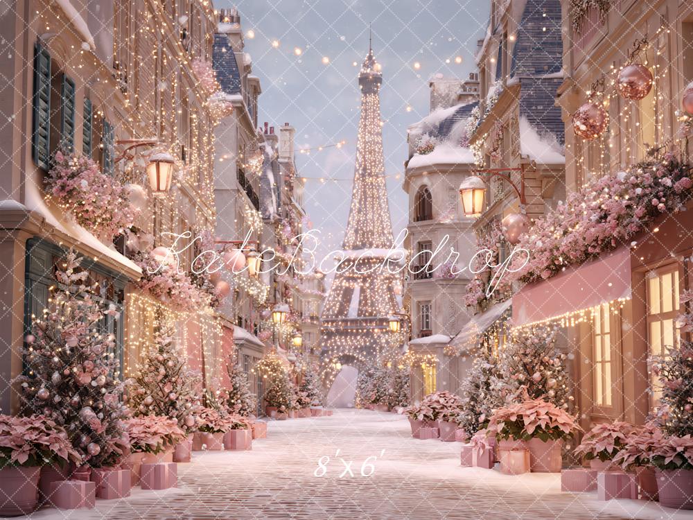 Kate Christmas Paris Eiffel Tower Pink Floral Snowy Street Backdrop Designed by Ashley Paul