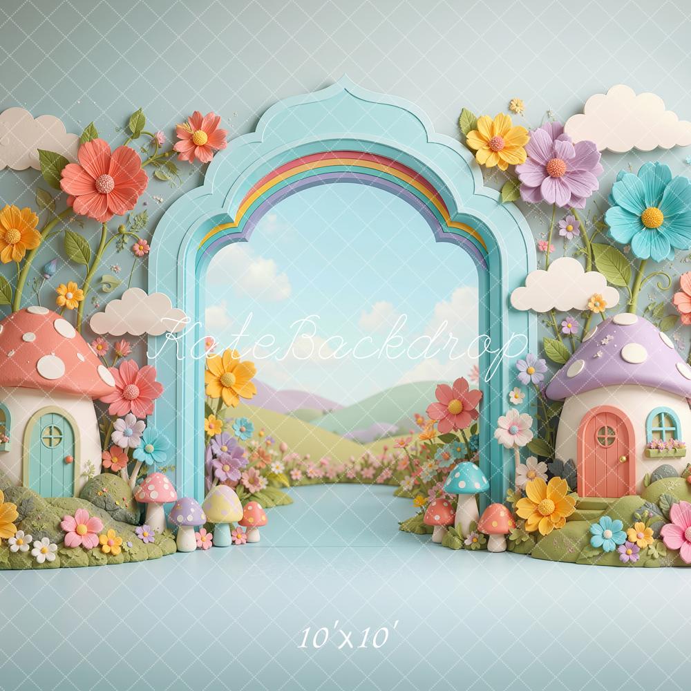 Kate Cake Smash Mushroom Houses Arch Flowers Rainbow Printed Backdrop Designed by Shutter Swan Studios
