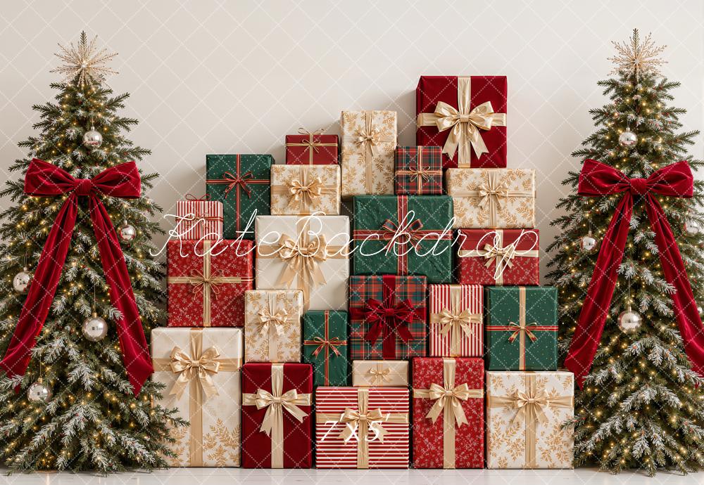 Kate Christmas Tartan Gift Boxes Trees Red Bow Printed Backdrop Designed by Emetselch