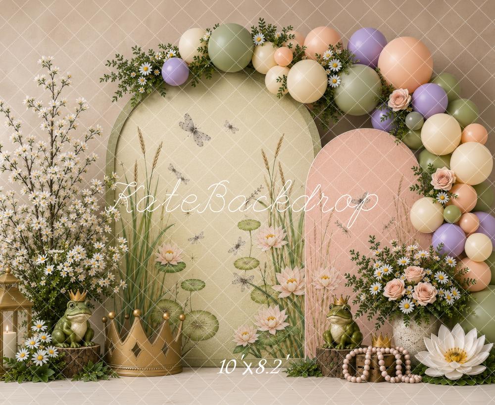 Kate Cake Smash Fairy Frog Princess Water Lily Balloon Arch Printed Backdrop Designed by Shutter Swan Studios