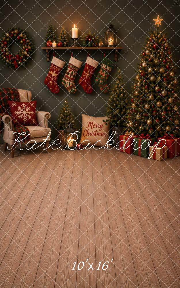 Kate Sweep Christmas Fireplace Stockings And Tree Printed Backdrop Designed by Vertigo Productions