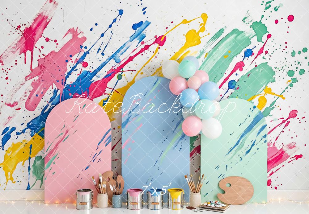 Kate Party Paint Splatter Art Pastel Panels Balloons Printed Backdrop Designed by Patty Roberts