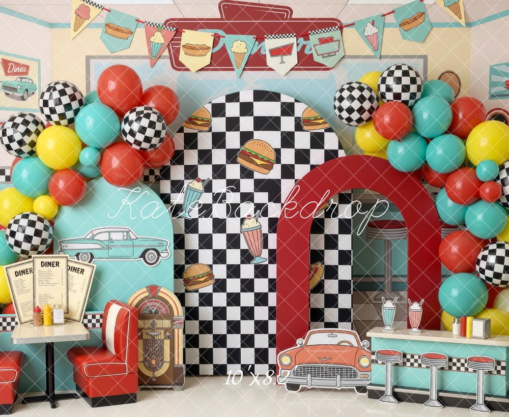 Kate Cake Smash Retro Diner Checkered Wall Balloons Booth Bar Counter Printed Backdrop Designed by Mini MakeBelieve