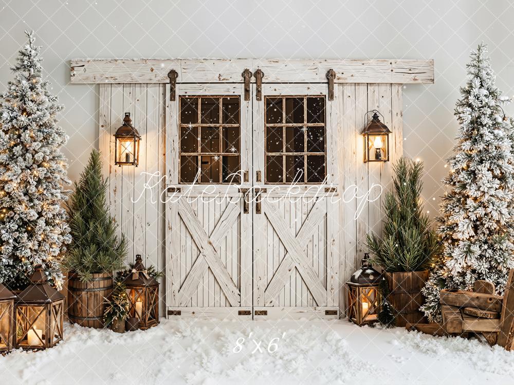 Kate Christmas Barn Door Lanterns Snowy Trees White Backdrop Designed by Emetselch