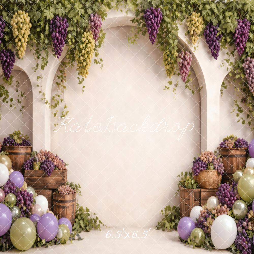 Kate Birthday Grape Vineyard Arch Balloons Crates Balloons Printed Backdrop Designed by Vertigo Productions