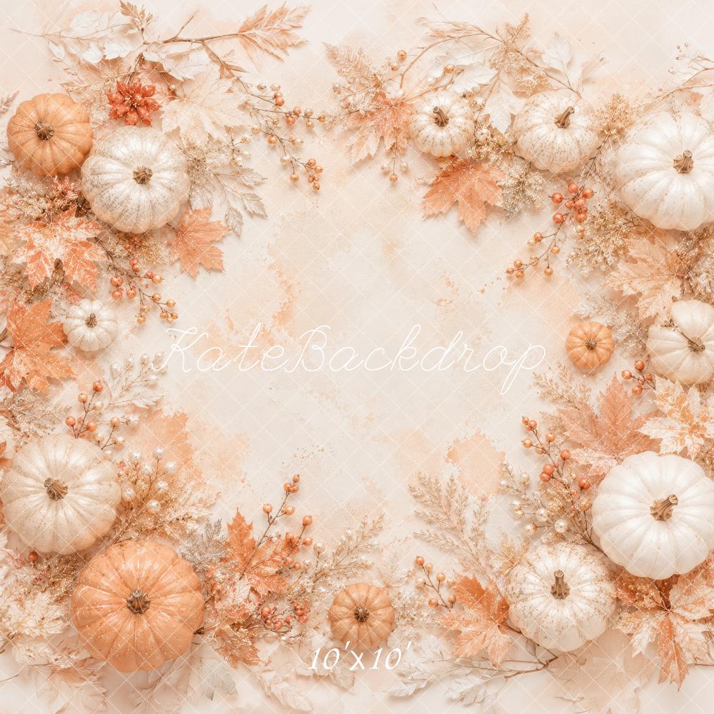 Kate Fall Pumpkins Maple Leaves Beige Printed Backdrop Designed by Megan Leigh Photography