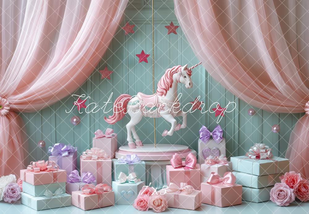 Kate Birthday Carousel Pink Curtains Gifts Floral Backdrop Designed by Mini MakeBelieve