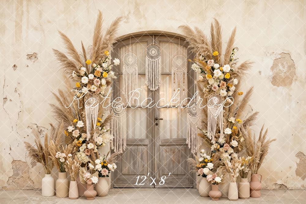 Kate Boho Flower Arch Pampas Grass Door Macrame Printed Backdrop Designed by Patty Roberts