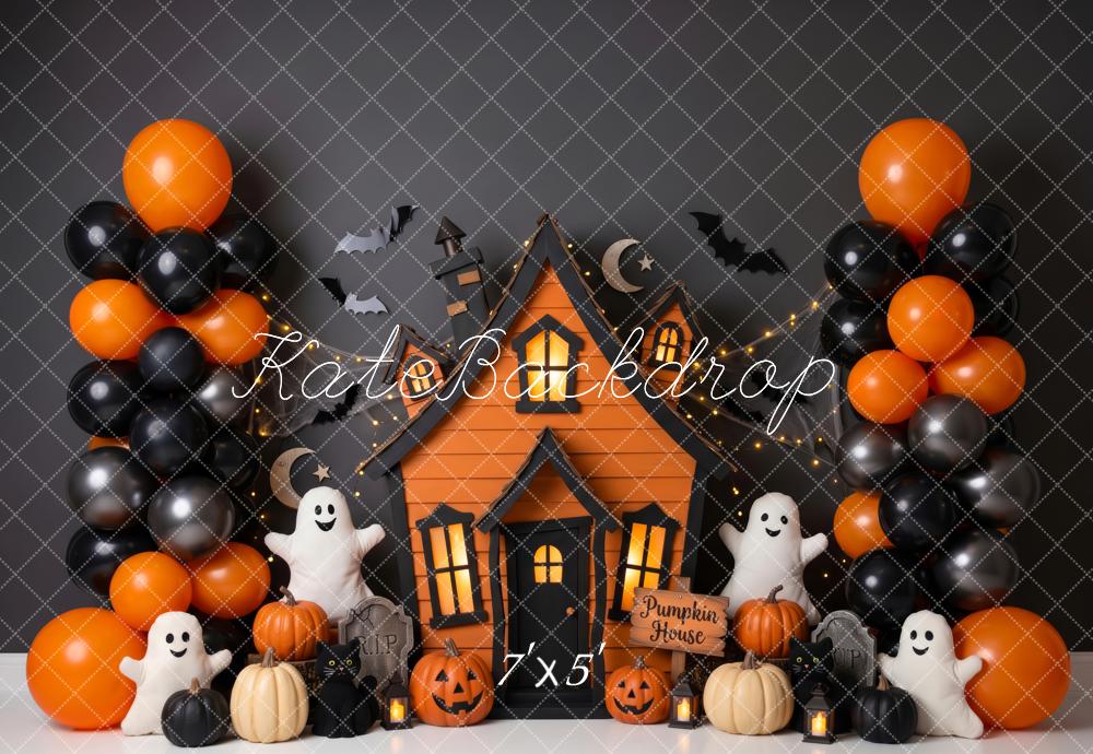 Kate Halloween Haunted House Cute Ghosts Bats Pumpkins Balloons Printed Backdrop Designed by Patty Roberts