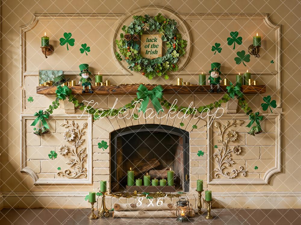 Kate St. Patrick's Day Fireplace Shamrock Green Wreath Printed Backdrop Designed by Emetselch