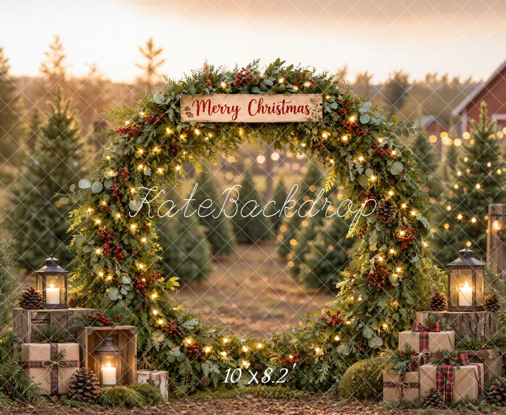 Kate Christmas Farm Greenery Arch Gift Boxes Rustic Printed Backdrop Designed by Emetselch