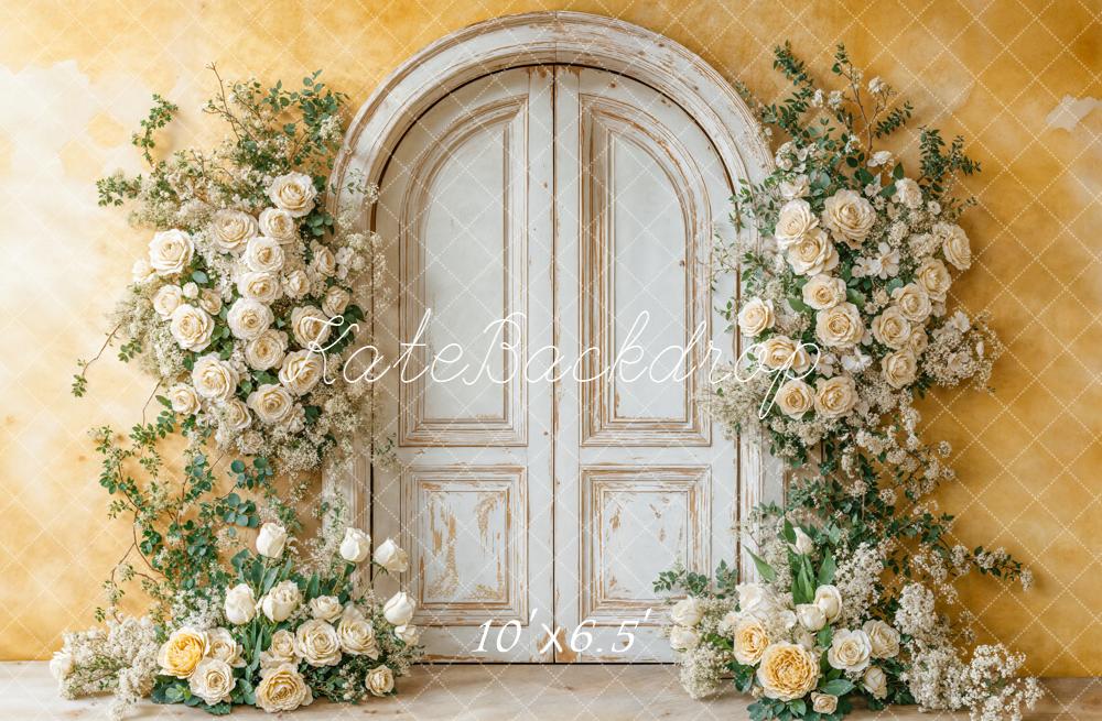Kate Spring Flower Arch White Vintage Door Yellow Wall Backdrop Designed by Chain Photography