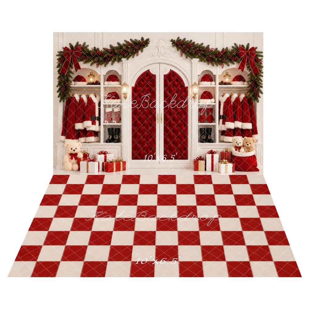 Kate Christmas Red Santa Claus Closet Arch Printed Backdrop+Red White Checkerboard Floor Printed Backdrop