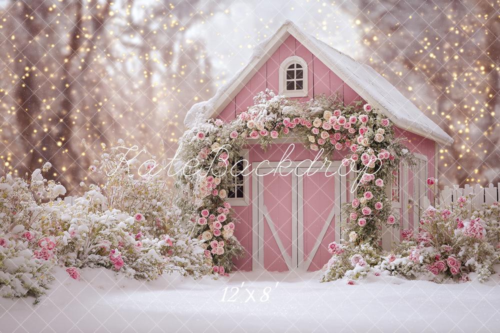 Kate Winter Pink House Flower Arch Snow Backdrop Designed by Angela Miller