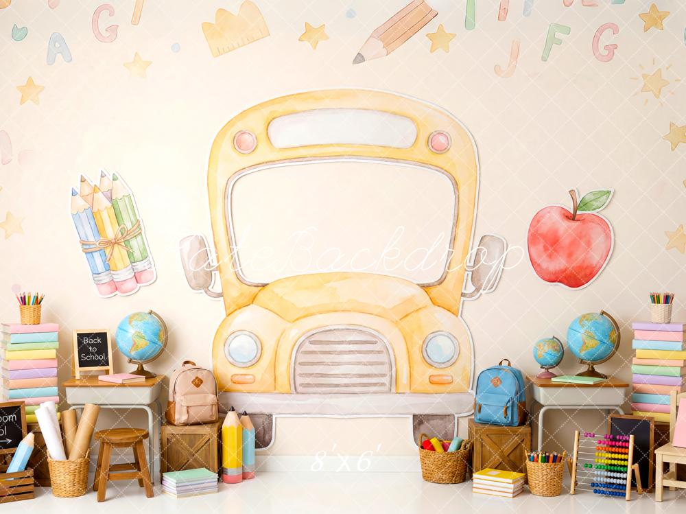 Kate Back to School Yellow School Bus Classroom Supplies Printed Backdrop Designed by Patty Roberts