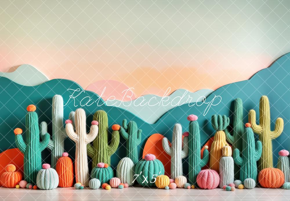 Kate Colorful Cactus Pumpkin Mountains Printed Backdrop Designed by Laura Bybee