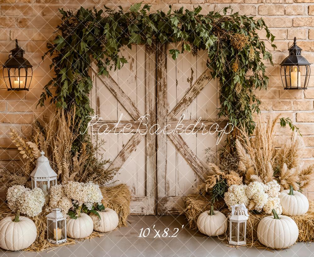 Kate Fall Barn Door White Pumpkins Lanterns Pampas Grass Backdrop Designed by Emetselch