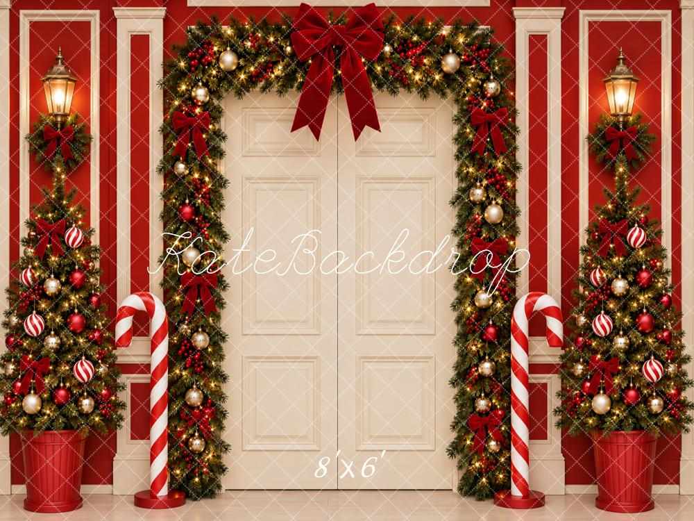 Kate Christmas Door Garland Arch Trees Red Wall Printed Backdrop Designed by Vertigo Productions