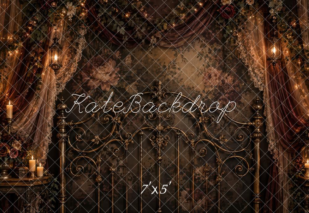 Kate Vintage Brown Gothic Headboard Floral Drapes Printed Backdrop Designed by Laura Bybee
