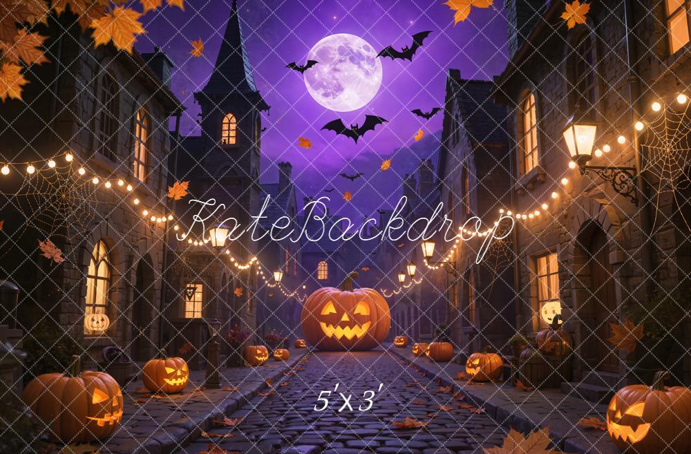Kate Halloween Night Pumpkin Street Bats Backdrop Designed by Emetselch