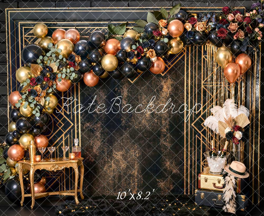Kate Birthday Black Gold Art Deco Floral Balloon Champagne Garland Printed Backdrop Designed by Mini MakeBelieve