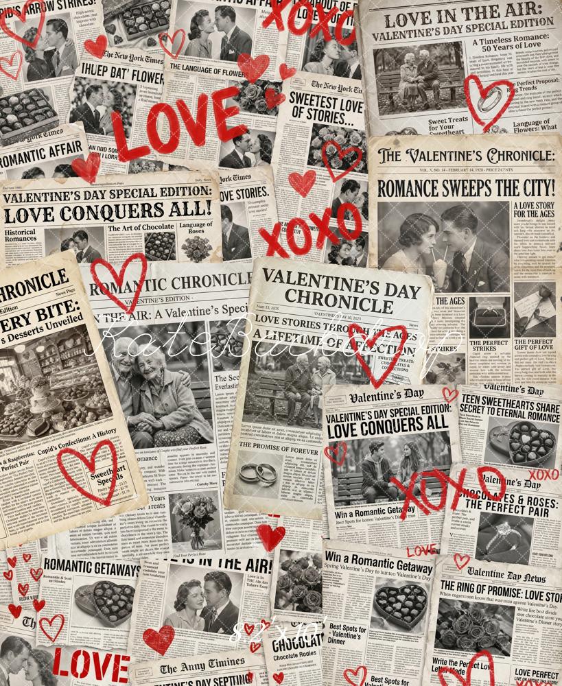 Kate Valentine's Day Newspaper Collage Love Hearts Printed Backdrop Designed by Chain Photography