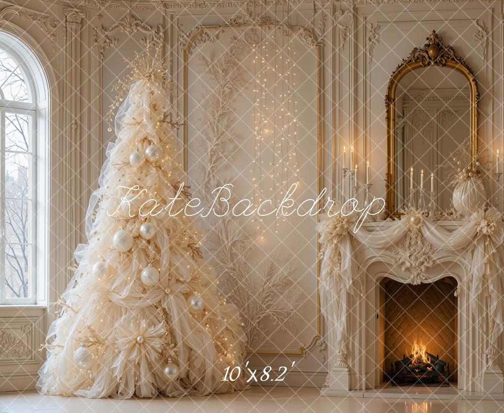 Kate Christmas Tree Luxury Ivory Tulle Fireplace Mirror Printed Backdrop Designed by Shutter Swan Studios