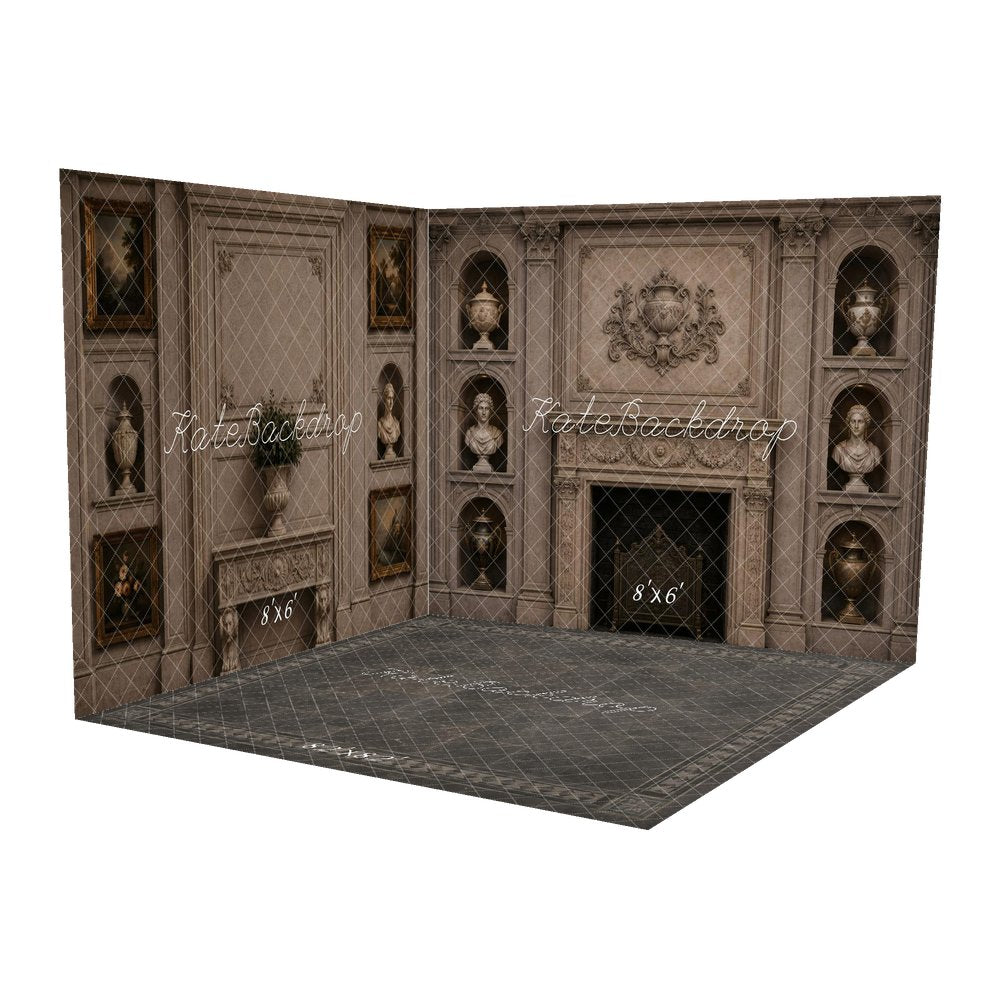 Kate Vintage Wall Fine Art Fireplace Busts and Urns Printed Backdrop Room Set