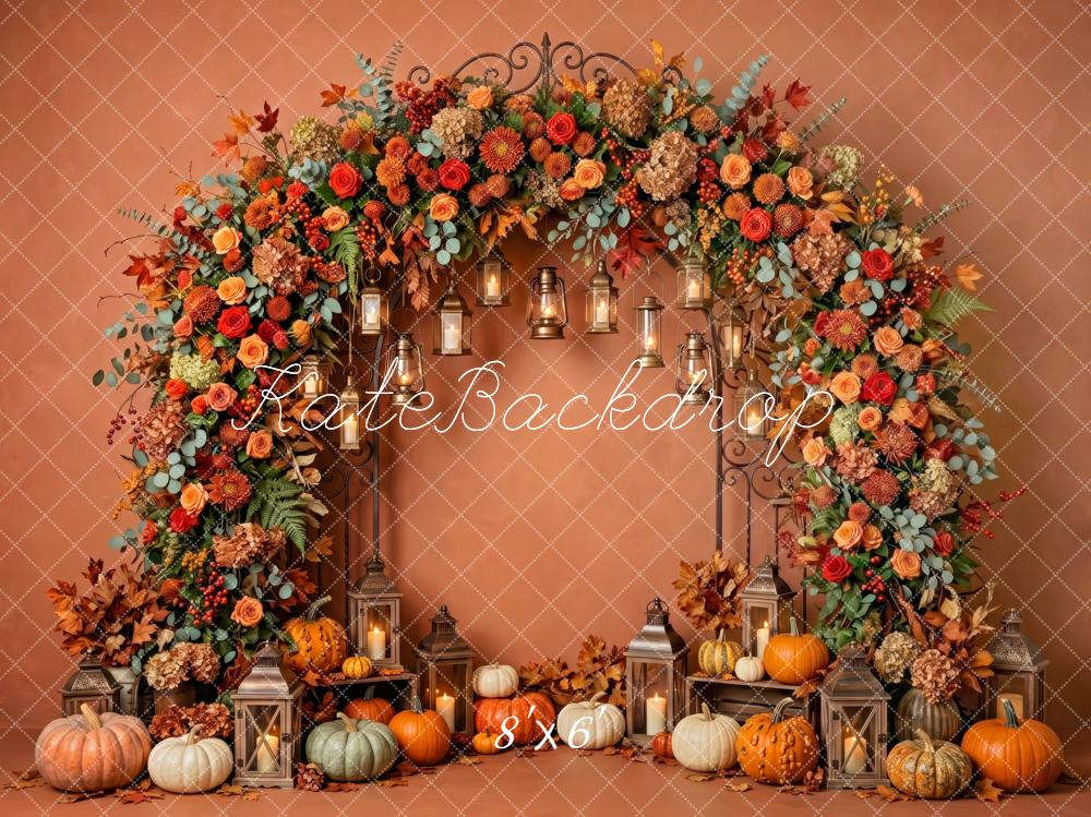 Kate Fall Brown Flower Arch Pumpkins Lanterns Printed Backdrop Designed by Patty Roberts