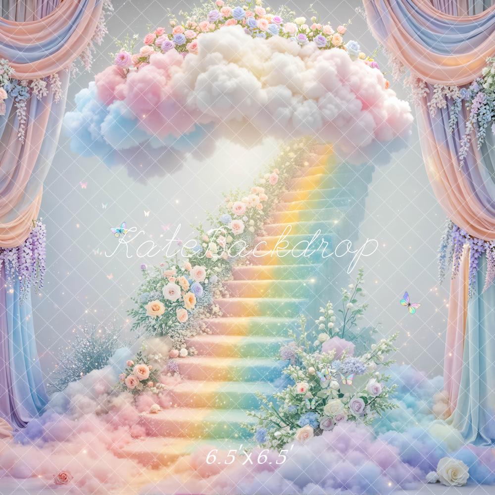 Kate Fairy Fantasy Rainbow Stairs Cloud Floral Arch Printed Backdrop Designed by Mini MakeBelieve