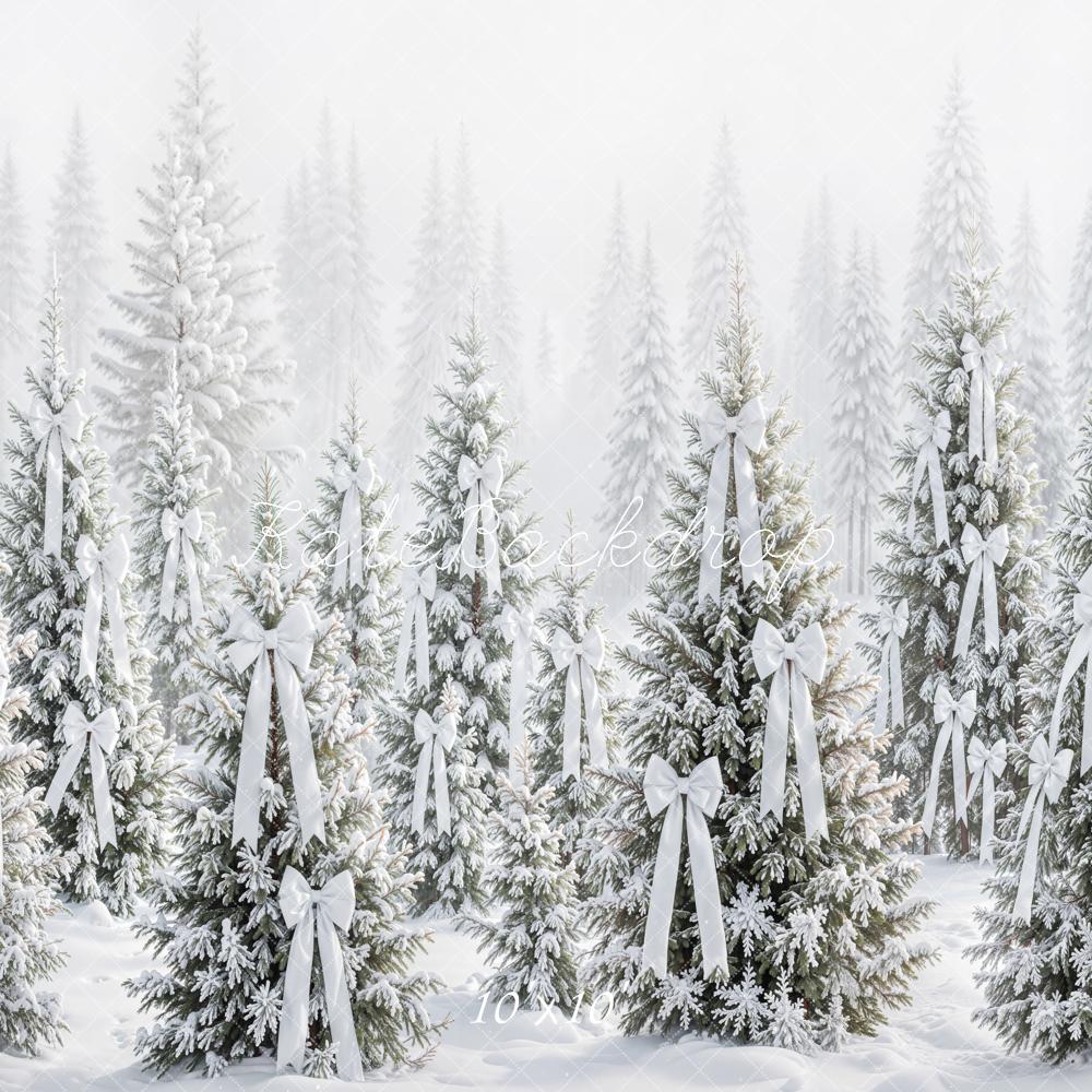 Kate Christmas Snowy Pine Trees White Bows Printed Backdrop Designed by Emetselch