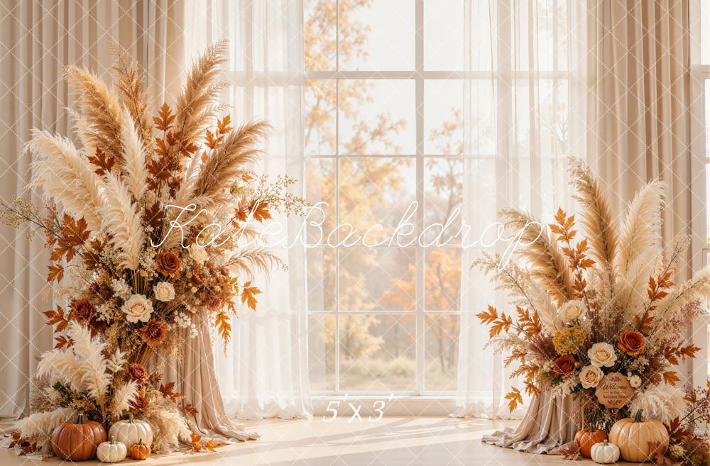 Kate Fall Pampas Floral Pumpkin Window Printed Backdrop Designed by Emetselch