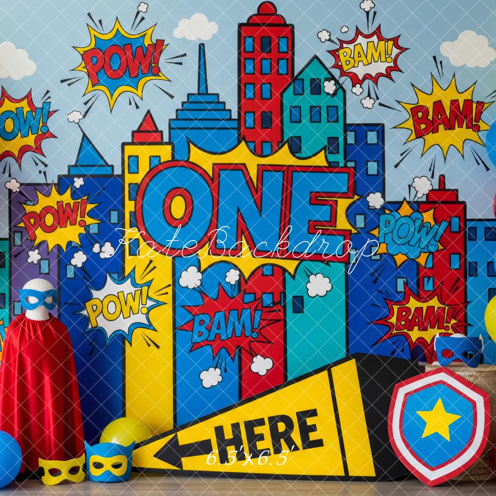 Kate Cake Smash Superhero Comic City Skyline Pop Art Backdrop Backdrop Designed by Patty Roberts