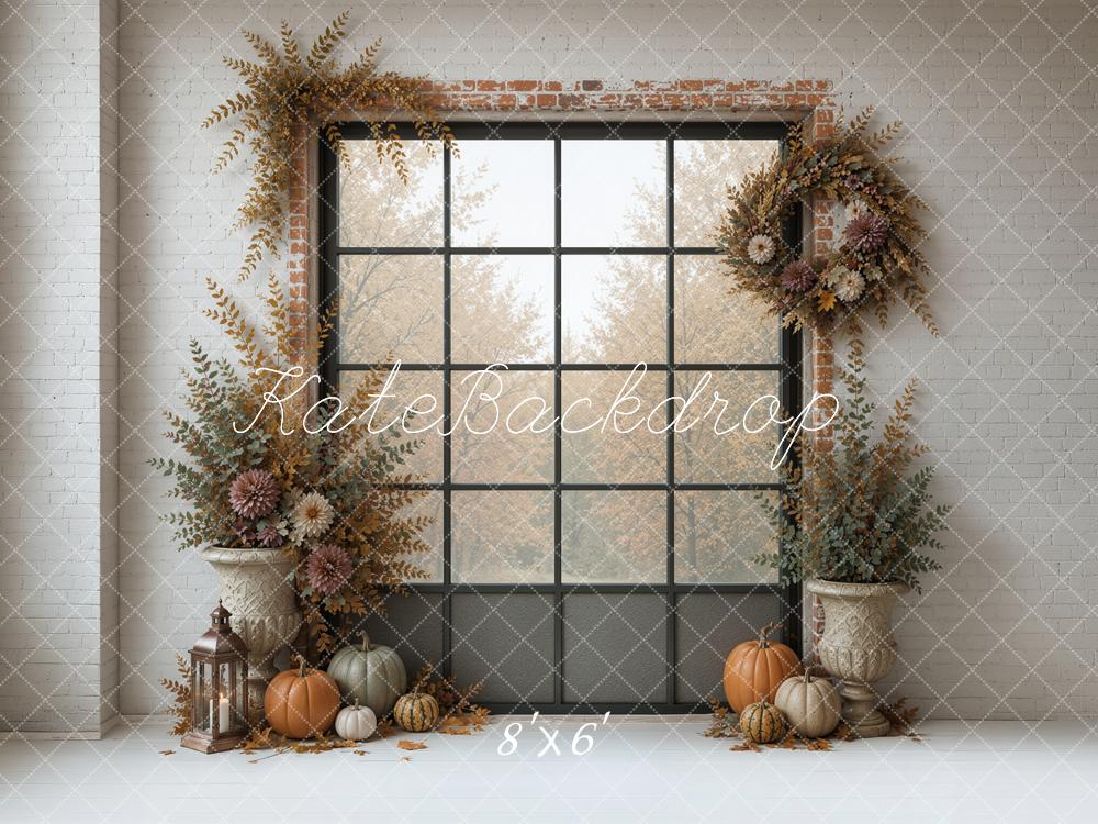 Kate Fall Cozy Window Dried Flowers Pumpkins Printed Backdrop Designed by Ashley Ward