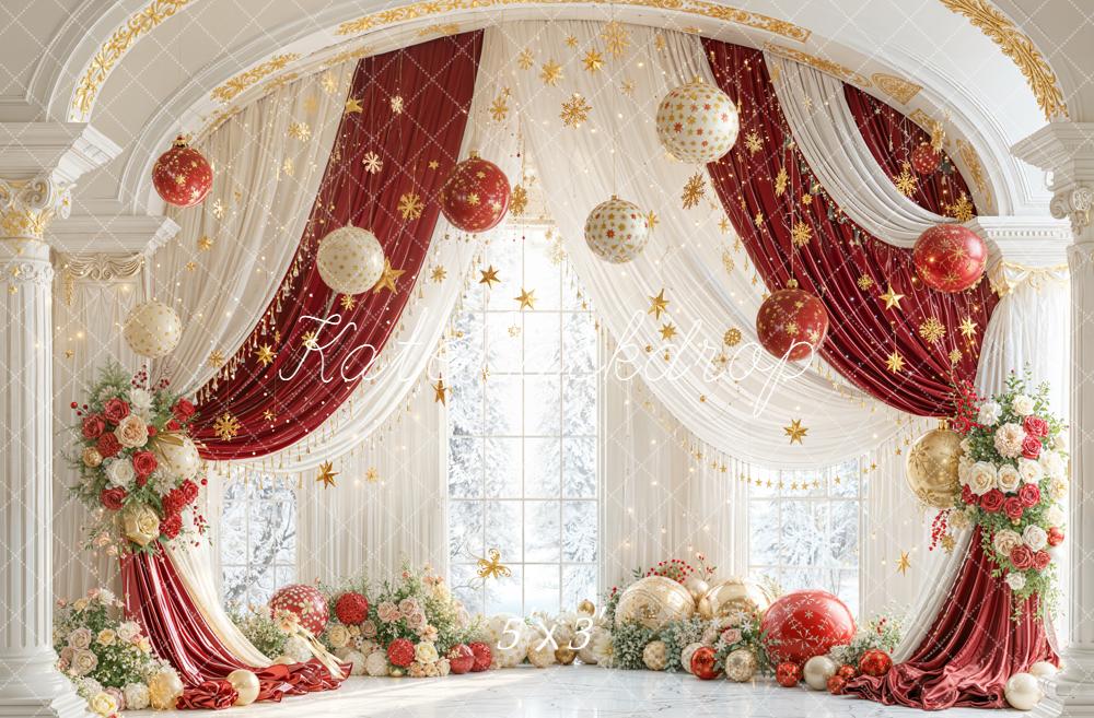 Kate Christmas Arch Red Gold Drapes Ornaments Flowers Backdrop Designed by Emetselch