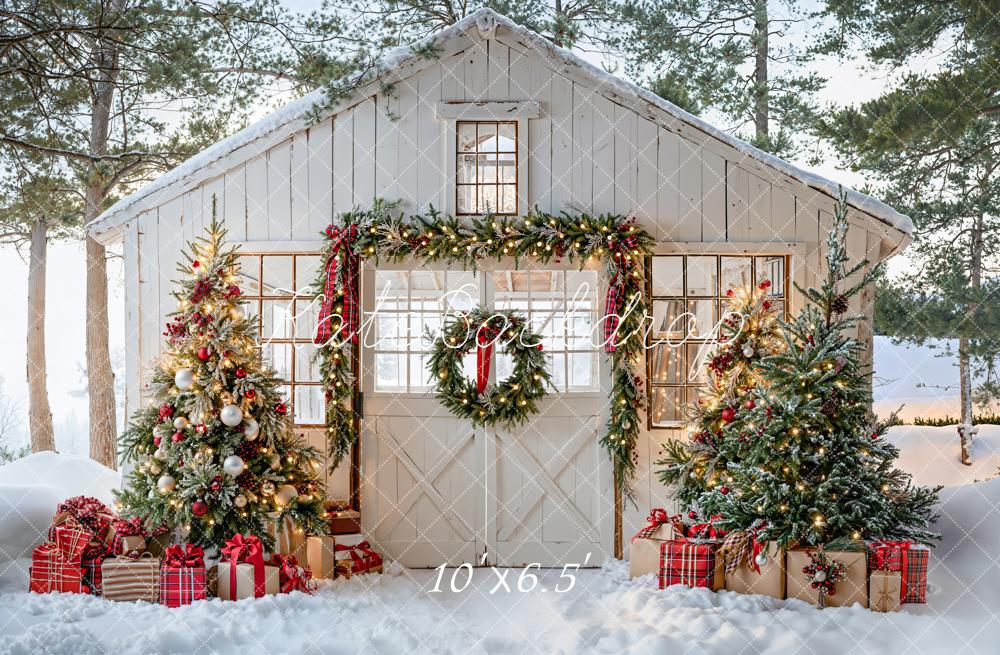 Kate Christmas White Door Snowy House Trees Garland Gifts Backdrop Designed by Emetselch