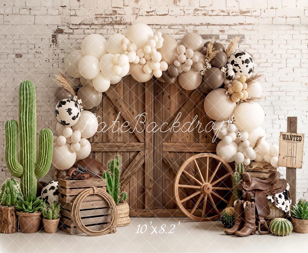 Kate Western Barn Door Cow Print Balloon Arch Cactus Backdrop Designed by Emetselch