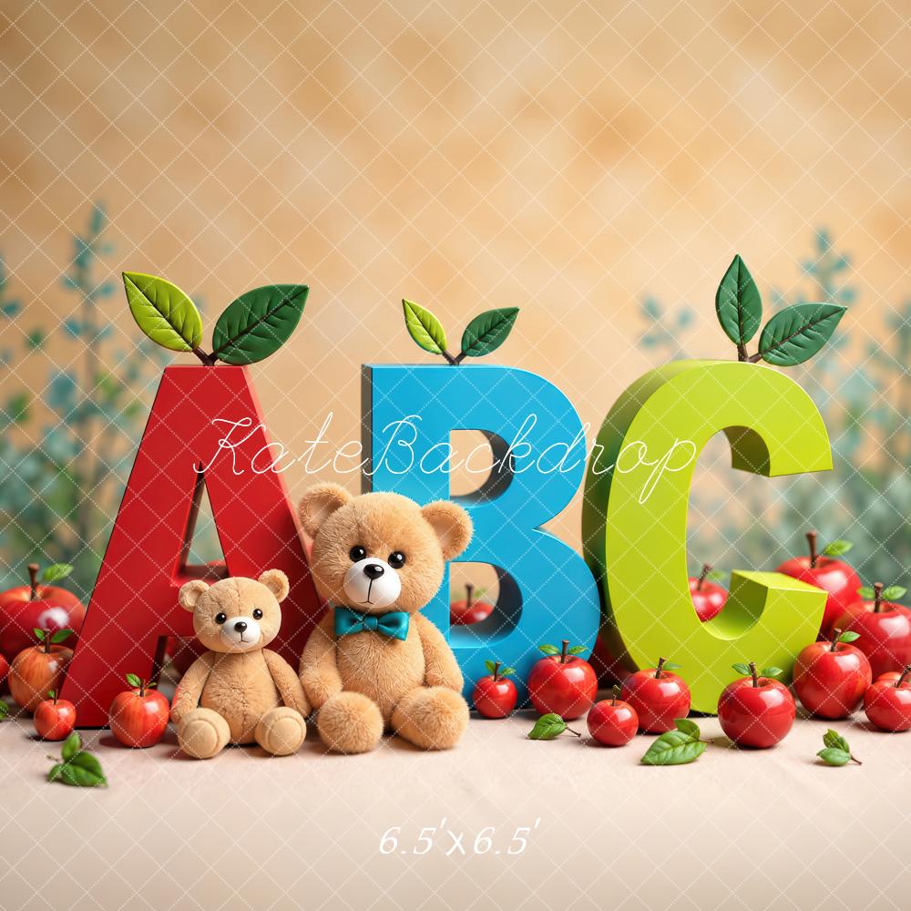 Kate Preschool Kids ABC Apple Teddy Bear Printed Backdrop Designed by Laura Bybee
