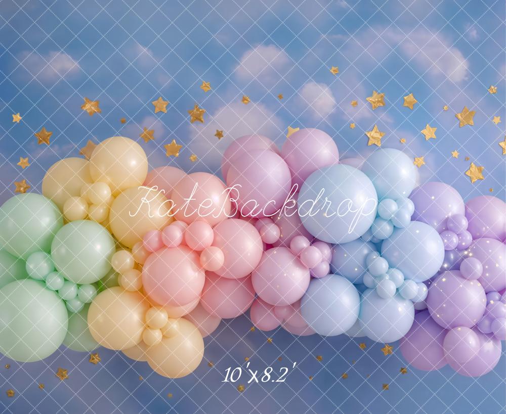 Kate Cake Smash Pastel Rainbow Balloon Garland Sky Stars Printed Backdrop Designed by Emetselch
